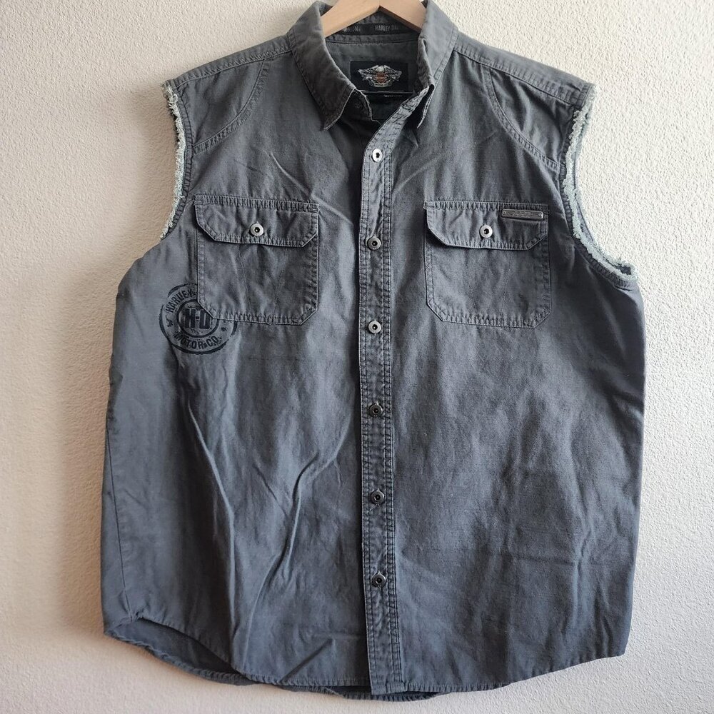 Harley-Davidson Sleeveless Shirt Mens XL Gray Frayed Denim Vest Biker 99053-13VM